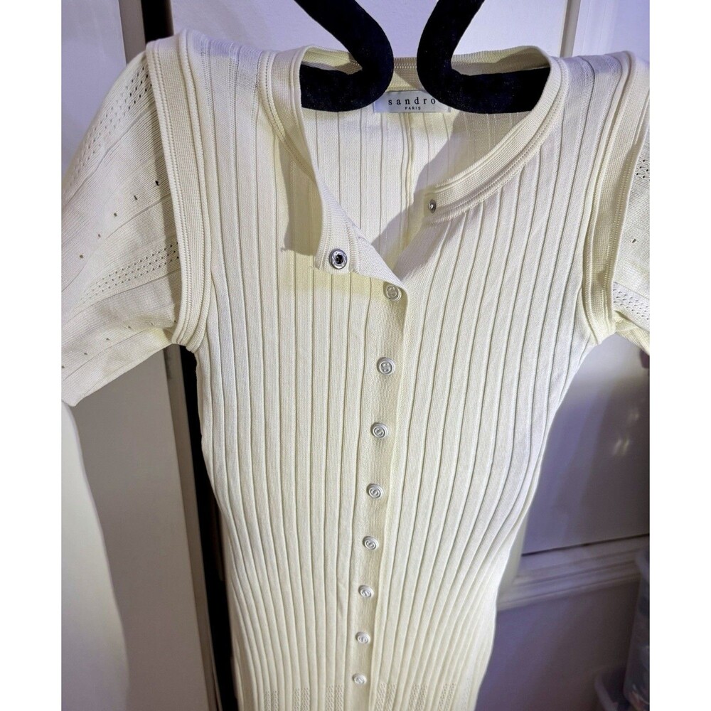 Sandro Paris Fit Knit Dress Short Sleeve Hollowed out Midi Mermaid Dress Sz L - Picture 4 of 10